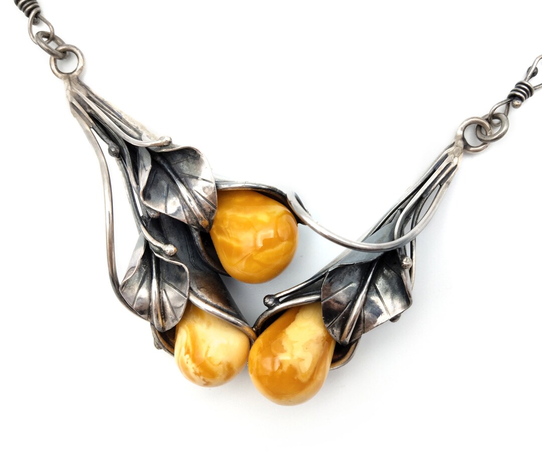 Bague Ancienne Art Nouveau En Argent 900 - Sertie D'un Ambre Jaune Butterscotch - Taille 56
