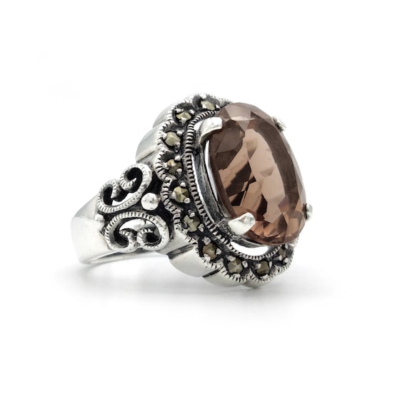 Smoky Quartz and Marcasite 925 Silver Ring, Size 8 - image 1