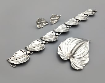 Vintage Ming's Sterling Silver Anthurium Earrings, Bracelet, and Brooch Set