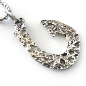 Highly Textured Silver Fish Hook Pendant Necklace on Italian Beaded Silver Chain