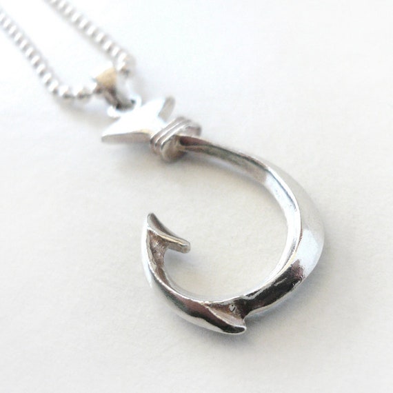 Sleek Silver Beveled Fish Hook Pendant Necklace o… - image 1