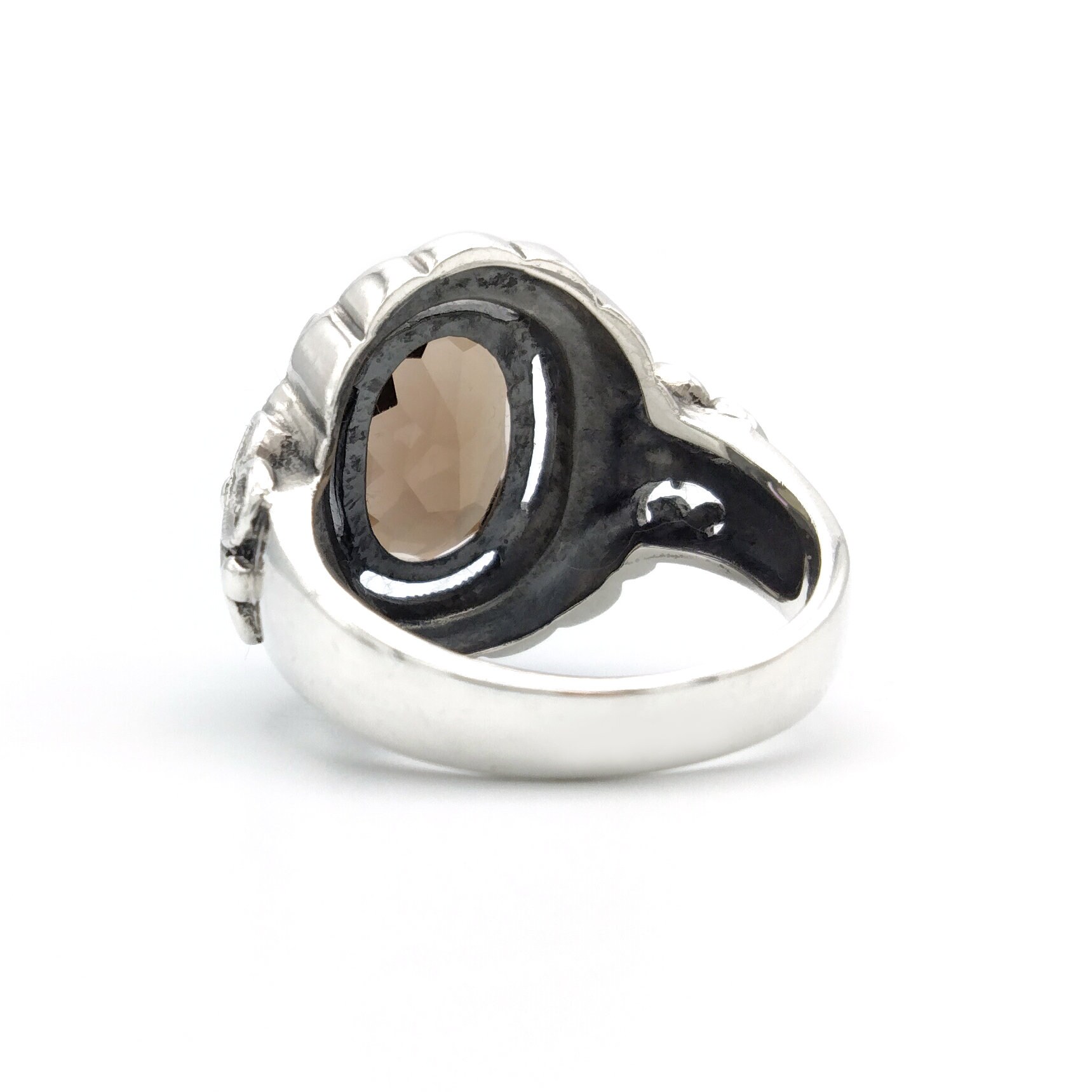 Bague Ancienne En Argent Massif 925 Avec Marcassite, Quartz Fumé Et Onyx - Taille 52