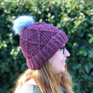 The Diamond // Chunky Knit Beanie, Adult Hat, Women's Hat, Knit Hat, With detachable faux fur Pom