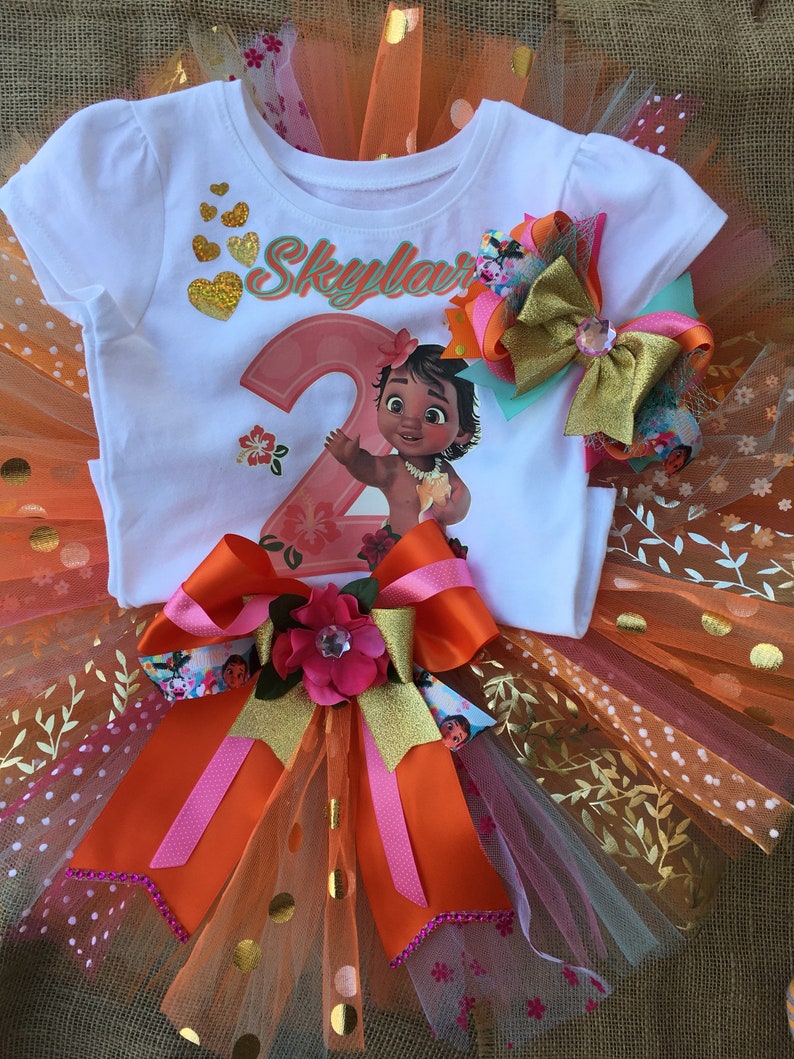 Costumized birthday cake smash photo shoot Baby Hawaiian Girl MOANA TODDLER inspired Tutu gold orange light pink aqua iron on 1st 2nd.