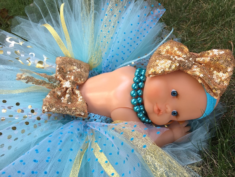 Costumized colors pageant sequin bow Baby blue aqua gold Tutu gold 1st 2nd. Cinderella inspired necklace birthday cake smash photo shoot