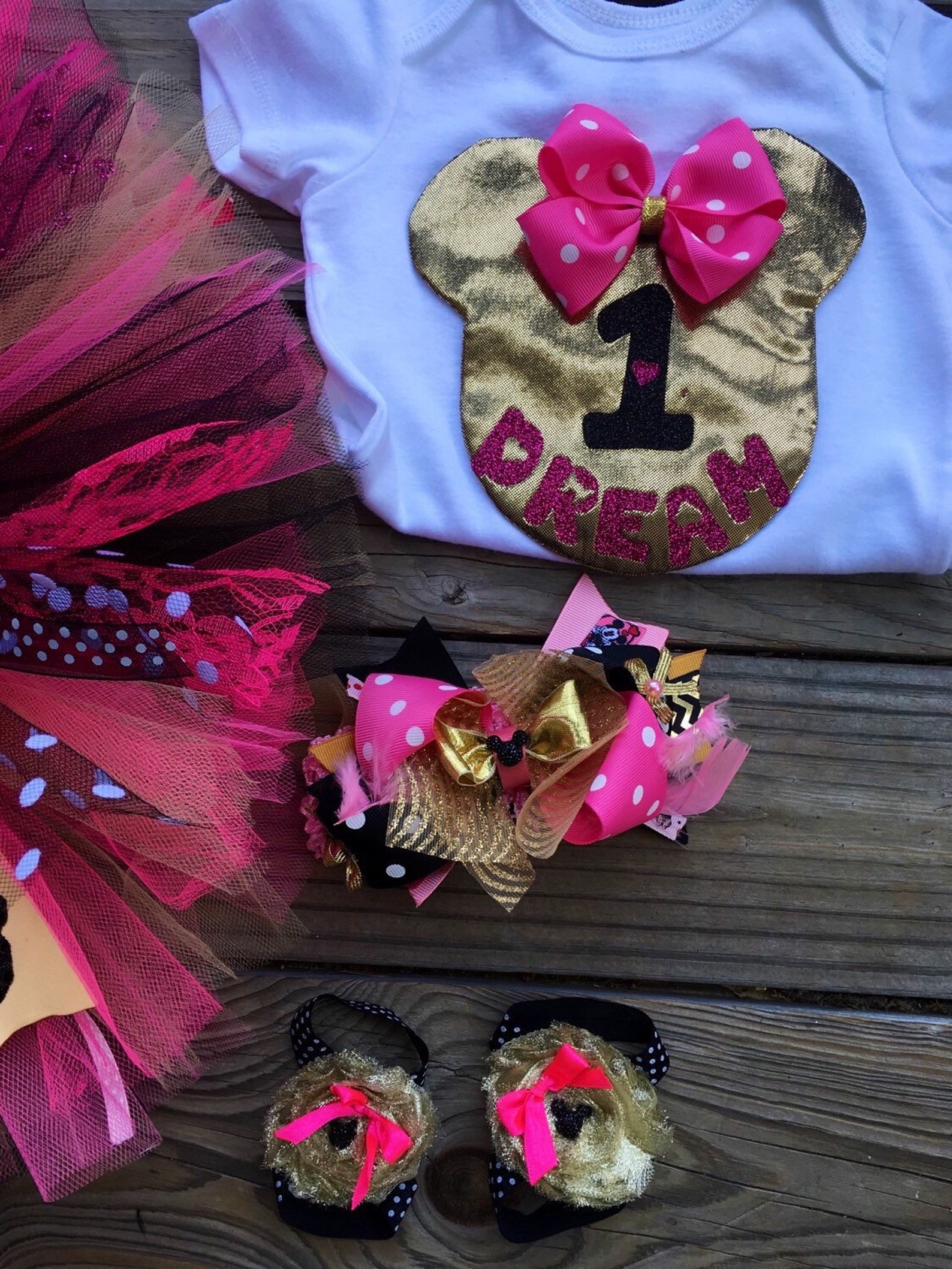Baby Girl Minnie Mouse Inspired Tutu Gold Black Hot Pink Iron Etsy