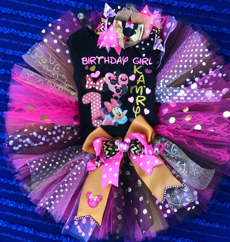 Costume Baby Girl Minnie Mouse inspired Tutu gold Black hot pink iron on 1st 2nd 3rd.. birthday cake smash photo shoot customized name.