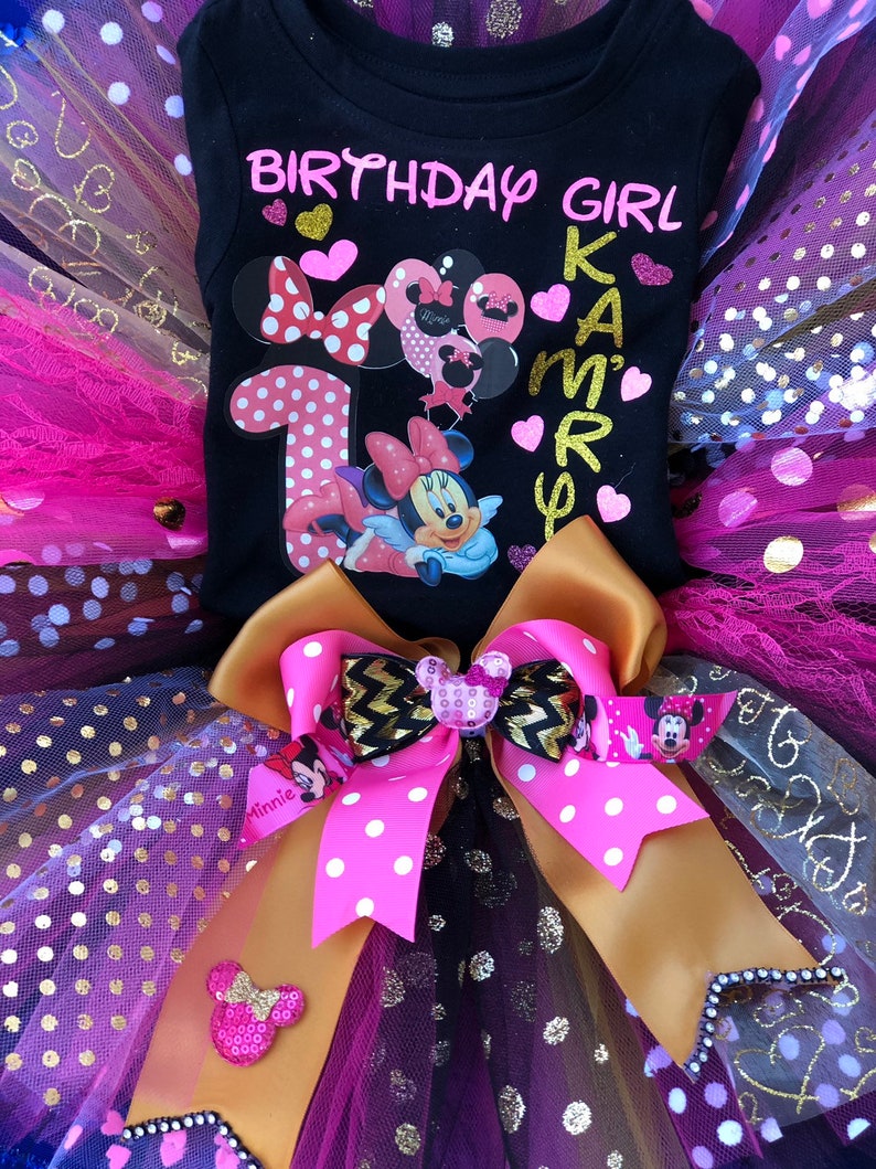 Costume Baby Girl Minnie Mouse inspired Tutu gold Black hot pink iron on 1st 2nd 3rd.. birthday cake smash photo shoot customized name.