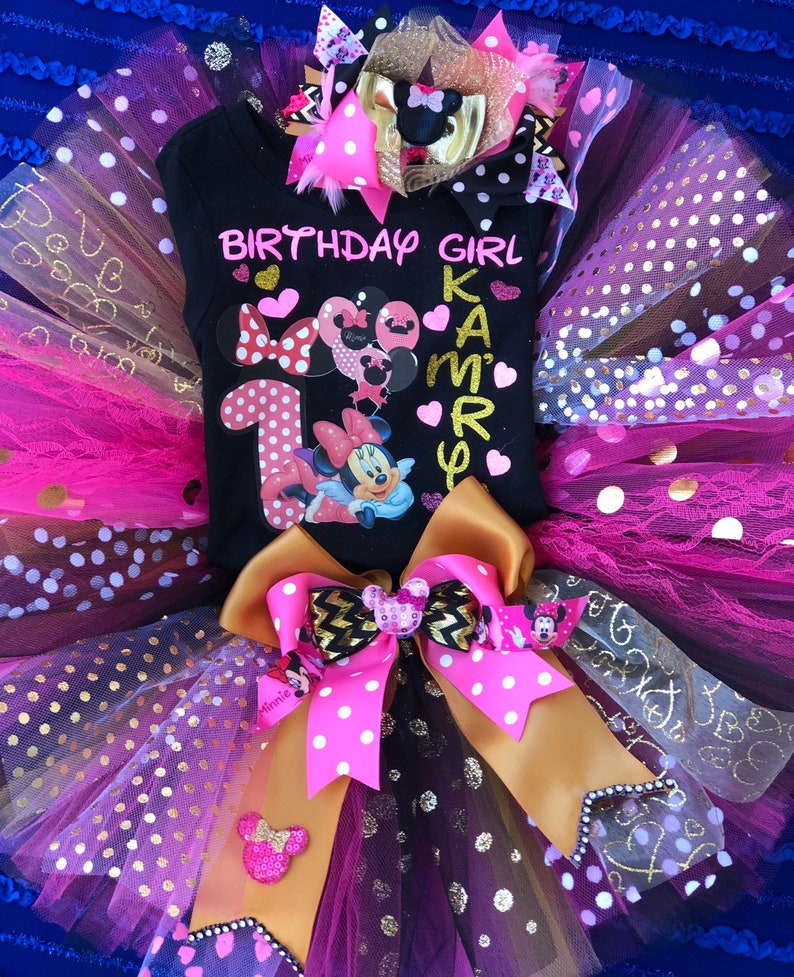 Costume Baby Girl Minnie Mouse inspired Tutu gold Black hot pink iron on 1st 2nd 3rd.. birthday cake smash photo shoot customized name.
