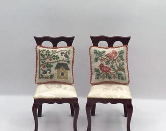 Miniature dollhouse cushion, with petit point embroidery on linen canvas.