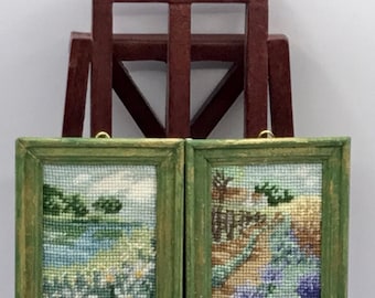 Miniature picture for dollhouse, with landscape embroidered on silk gauze.