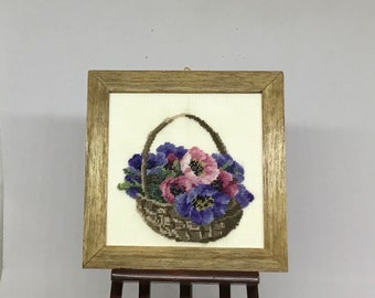 Miniature dollhouse picture frame with bouquet of anemones from antique pattern embroidered to petit point on silk gauze