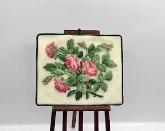Miniature panel for dollhouses with a bouquet of roses embroidered in petit point on silk gauze.