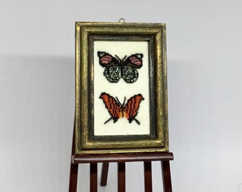 Miniature picture for dollhouse, with butterflies embroidered on silk gauze.