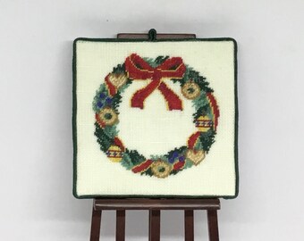 Miniature Christmas panel for dollhouse, embroidered on linen