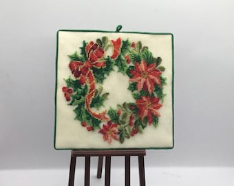 Miniature Christmas panel for dollhouse, embroidered on silk gauze.