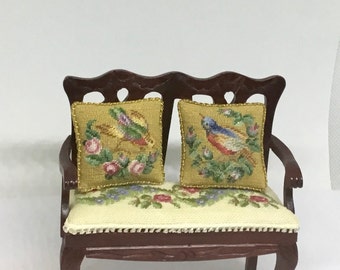 Dollhouse miniature cushion with antique petit point embroidery on silk gauze.