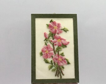 Miniature dollhouse painting with a branch of roses embroidered on silk gauze.