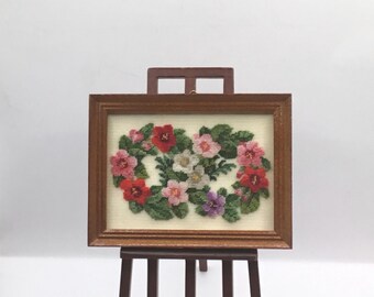 Miniature dollhouse picture with Victorian petit point embroidery on silk gauze.