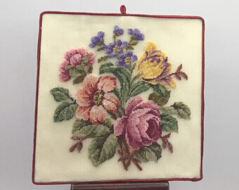 Miniature panel for dollhouses with antique petit point embroidery on silk gauze.