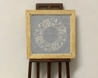 Miniature dollhouse, with monochrome silk embroidery on linen canvas.