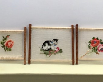 Wooden frame, antique model, miniature for dollhouse, with embroidery on silk gauze.
