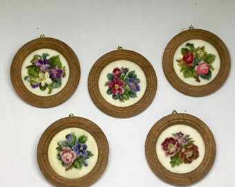 Miniature round square for dollhouse with antique bouquet embroidered in petit point on silk gauze
