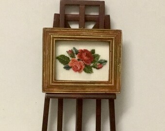 Miniature picture for dollhouse with oval embroidery of an antique style bouquet of roses in petit point on silk gauze