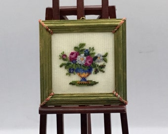Miniature picture for dollhouse with antique bouquet embroidered in petit point on silk gauze