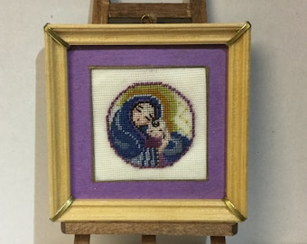 Miniature dollhouse square with Madonna embroidered at petit point on silk gauze