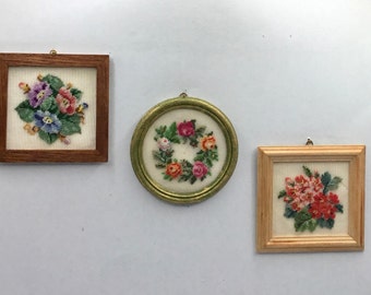 Miniature picture for dollhouse, with an antique bouquet embroidered in petit point on silk gauze.
