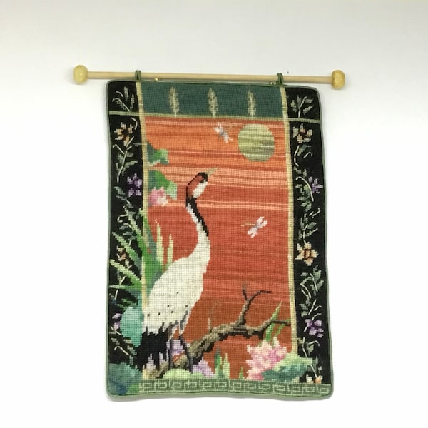 Miniature tapestry for dollhouse, with oriental design embroidered to small stitch on silk gauze.