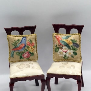 Miniature dollhouse cushion with antique petit point embroidery on silk gauze.