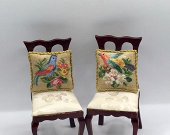 Miniature dollhouse cushion with antique petit point embroidery on silk gauze.