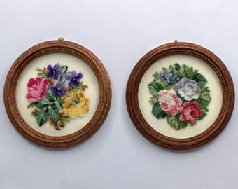 Round miniature picture for dollhouse with antique bouquet embroidered in petit point on silk gauze.