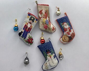 Miniature Christmas stocking, embroidered in small stitch on silk gauze.