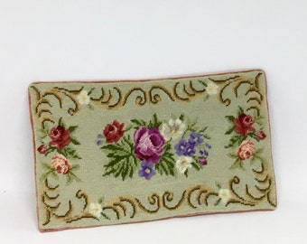 Miniature rug for dollhouse, with an antique design, embroidered in petit point on silk gauze.