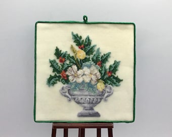 Miniature panel for dollhouses embroidered with petit point on silk gauze.