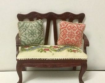 Miniature cushion for dollhouse, with monochrome silk embroidery on linen canvas. Scale 1:12.