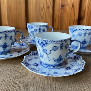 Set of 4 - Royal Copenhagen Blue Fluted Full Lace Mocha Cup and Saucer 1950s -  set no 1/1038