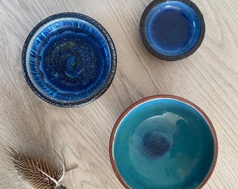 Vintage Mid Century Stoneware, set of three bowls in a blue theme, Denmark, 1970s