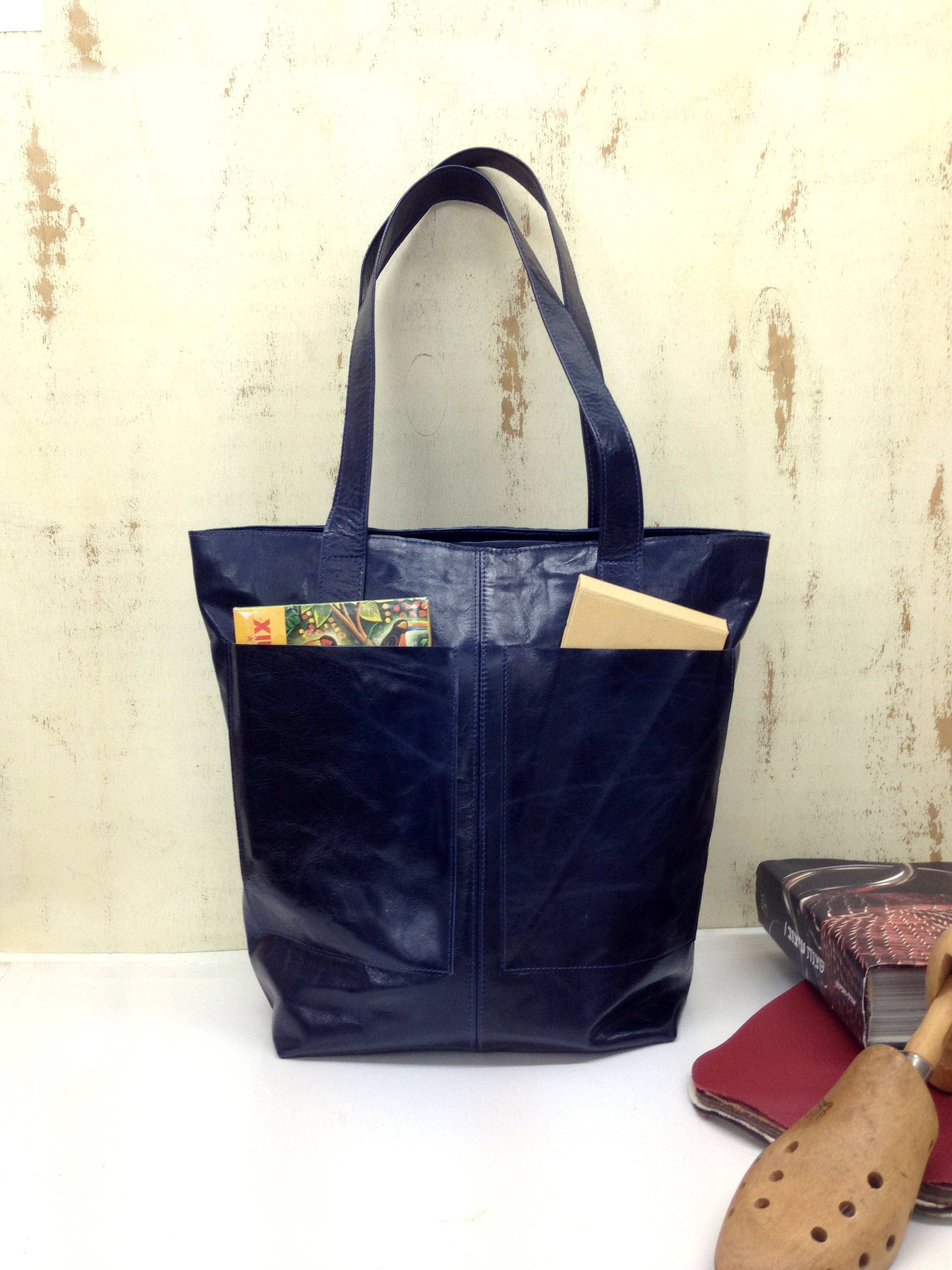 Black Leather tote bag Zipper Tote bag with external front Etsy