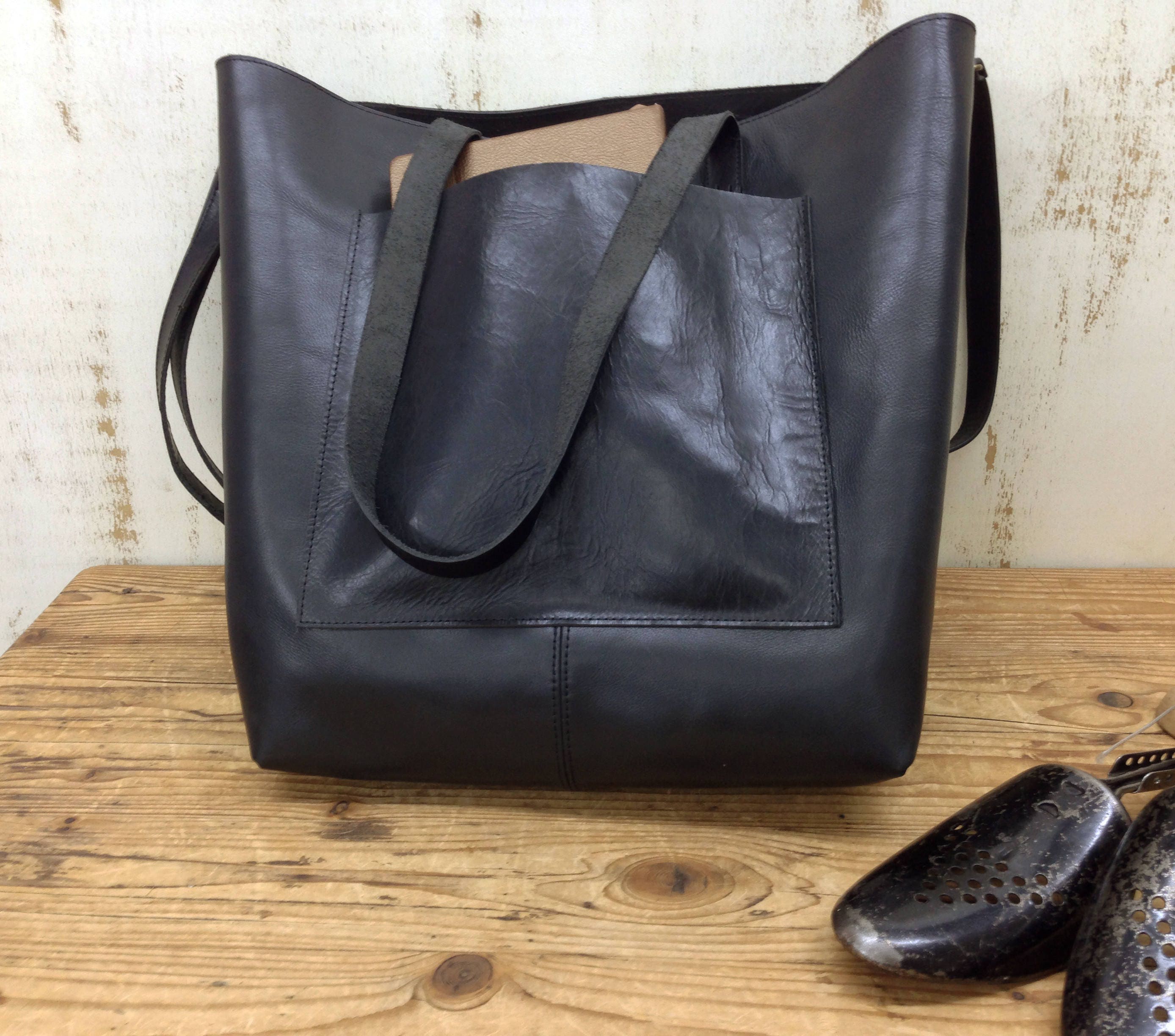 Black Leather Shopper Tote Bag Black Crossbody Tote Leather | Etsy
