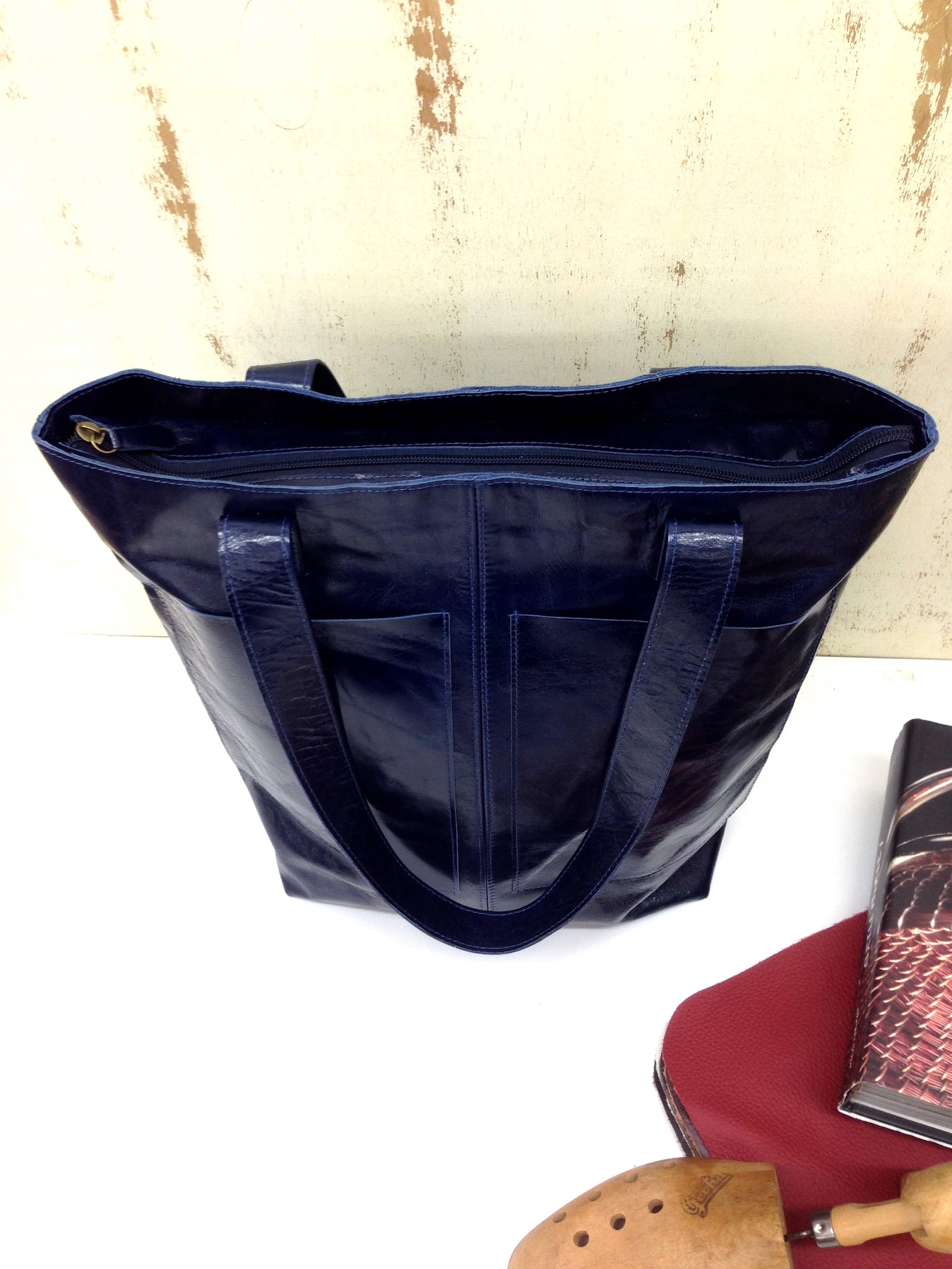 Black Leather tote bag Zipper Tote bag with external front Etsy