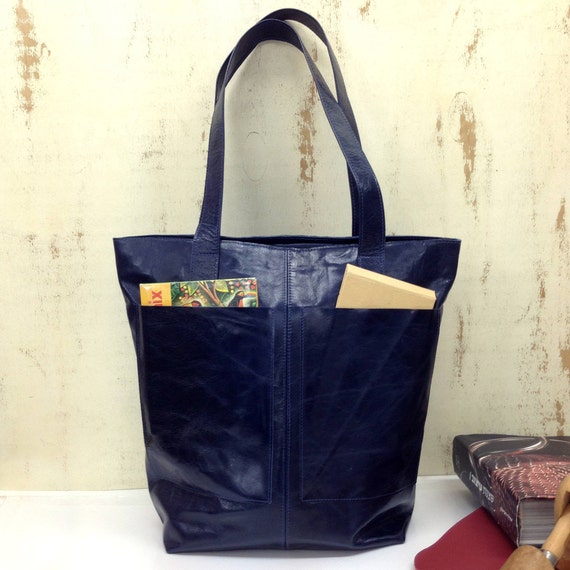 Blue Leather zipper tote bag Zipper tote Leather Bag 2 front Etsy