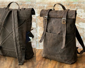 Brown backpack Roll top backpack Brown Wax canvas rucksack backpack Brown rolltop
