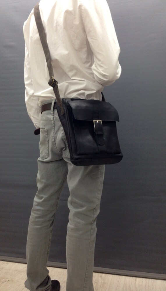 mens black leather satchel