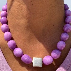 Purple Agate Necklace, Chunky Lavender Beaded Gemstone Jewelry, Large Bold Statement, Handcrafted Unique Silver Cube, Handmade Gift for Her