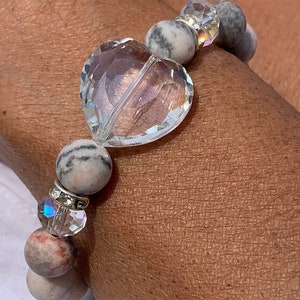 Pink Chunky Stretch Bracelet, Heart Bracelets, Gifts for Her, Crystal Heart Rose Pink Gray Jasper, Unique Gemstone Statement, Woman Gift