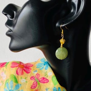 Green Aventurine Dangle Earrings: Gold Plated Fan Beads